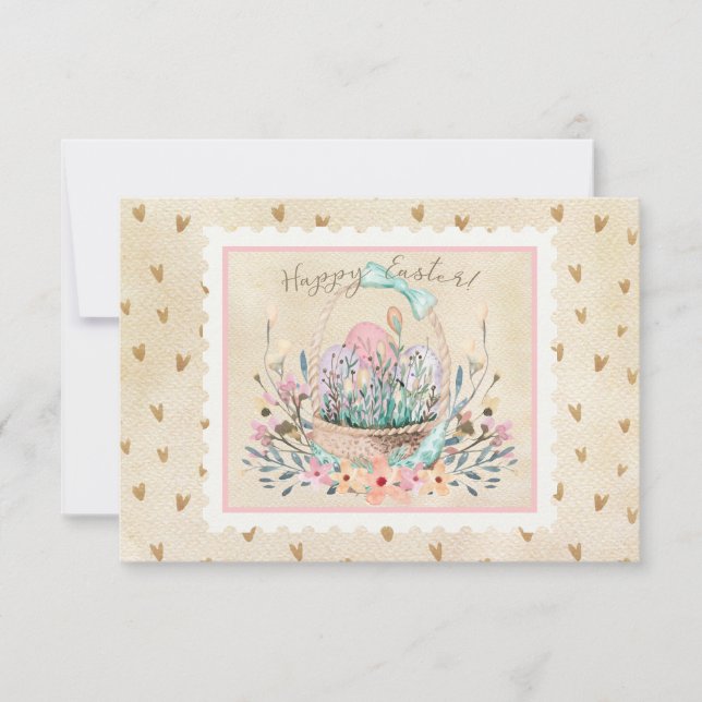 Aquarellfarbener Osterkorb und Sonnige Briefmarke (Vorderseite)