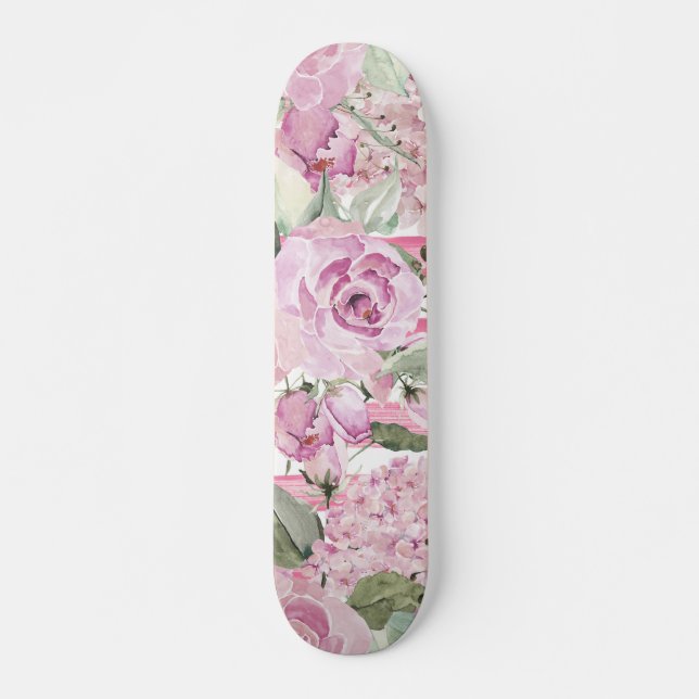 Aquarellfarbener, pastellgrün-rosa Blütenschuh Skateboard (Vorne)