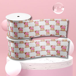 Aquarellfarbener Pinkkuchen mit Schokoladenmuster Satinband