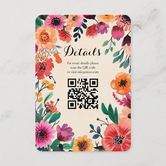 Aquarellfarbener Rahmen Quinceañera CUSTOM QR Code Begleitkarte (Vorderseite)