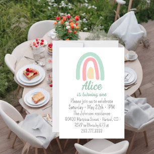 Aquarellfarbener Regenbogen, grün pink gelb 1. Geb Einladung