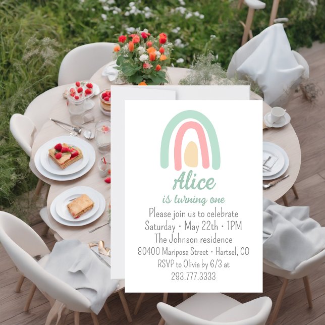 Aquarellfarbener Regenbogen, grün pink gelb 1. Geb Einladung (Von Creator hochgeladen)