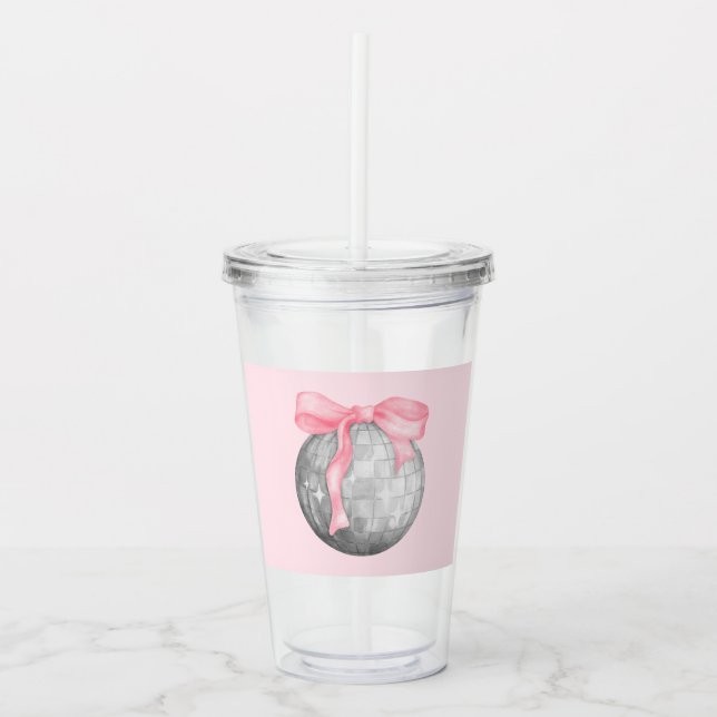 Aquarellfarbener rosa Bow Silver Diskothek Ball Acryltrinkbecher (Vorderseite)