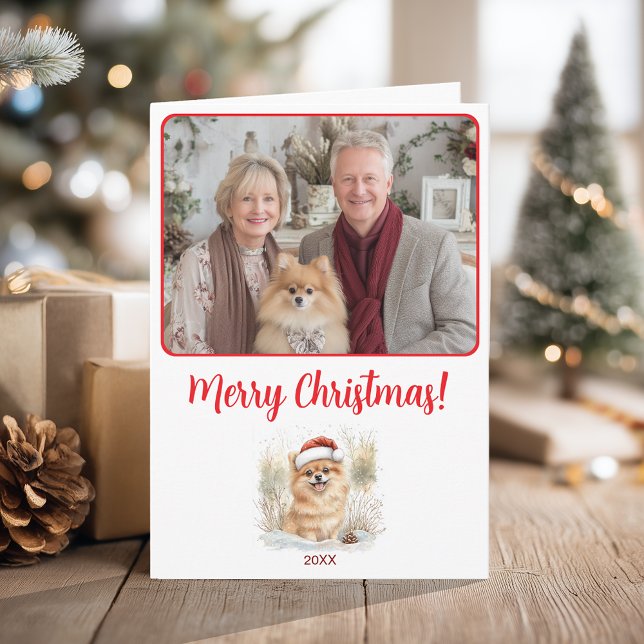 Aquarellfarbener Spitz Illustration Frohe Weihnach Karte (Watercolor Pomeranian Illustration Merry Christmas Card)