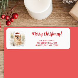 Aquarellfarbener Spitz in Weihnachtsmannmütze Froh