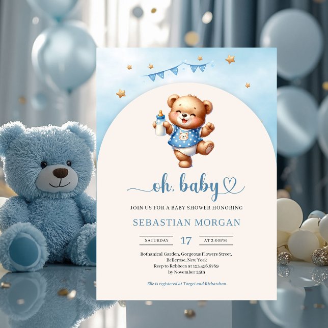 Aquarellfarbener Teddybär mit Flaschenbogen Einladung (watercolor playful teddy bear with baby bottle boy baby shower invitation)