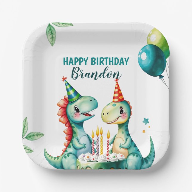 Aquarellfarbener Trex Dinosaurier 1. Geburtstag Pappteller (Vorderseite)