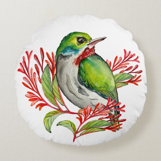Aquarellfarbener tropischer Vogel Rundes Kissen (Vorderseite)