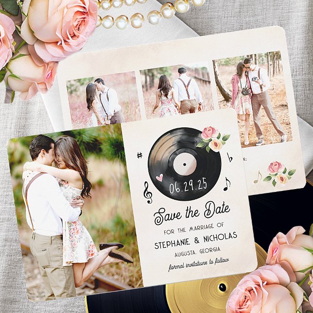 Aquarellfarbener Vinyl Save the Date (Gorgeous vinyl record save the date wedding photo cards with floral accents and a vintage aesthetic.)