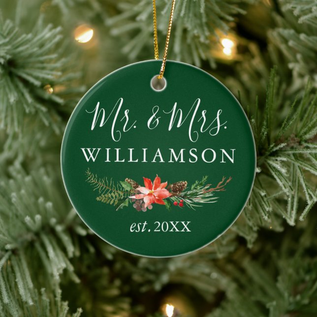 Aquarellfarbener Winter Blumengrün FOTO BACK Keramik Ornament (Baum)