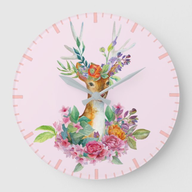 Aquarellfarbenes Blumenbaby Deer Baby Kinderzimmer Große Wanduhr (Vorderseite)