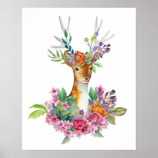 Aquarellfarbenes Blumenbaby Deer Baby Kinderzimmer Poster (Vorne)