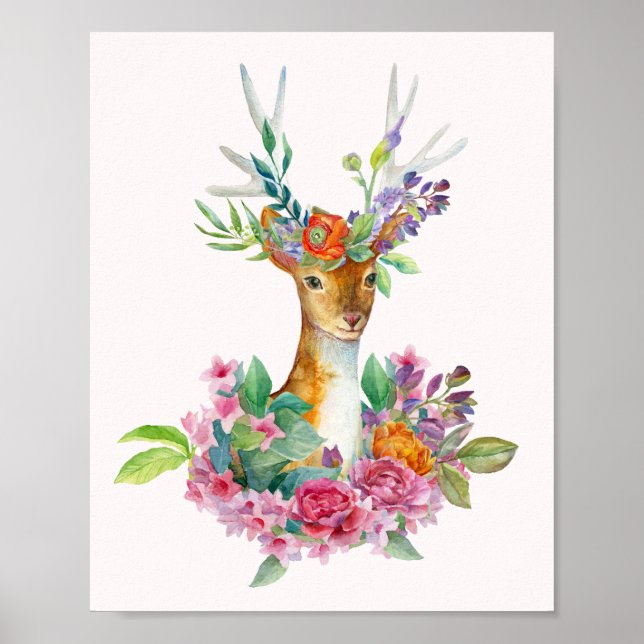 Aquarellfarbenes Blumenbaby Deer Baby Kinderzimmer Poster (Vorne)