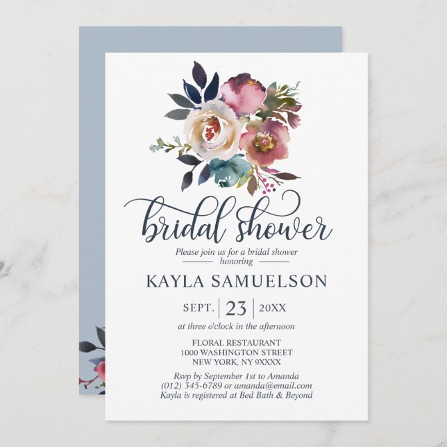 Aquarellfarbenes Blumendusty Blue Rose Brautparty Einladung (Vorne/Hinten)