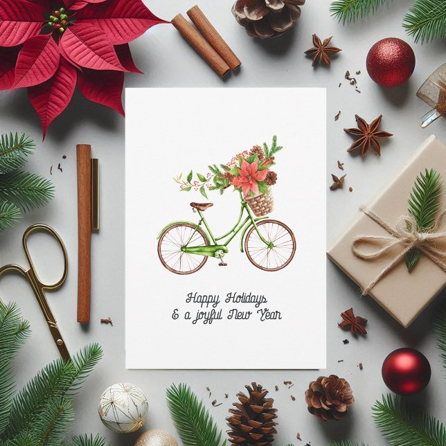 Aquarellfarbenes Blumenradfahrrad Weihnachten Fami (Watercolor Floral Bicycle Christmas Family Photo Holiday Card)