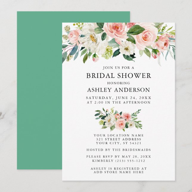 Aquarellfarbenes Blumenrosa Neo Minze Brautparty Einladung (Vorne/Hinten)