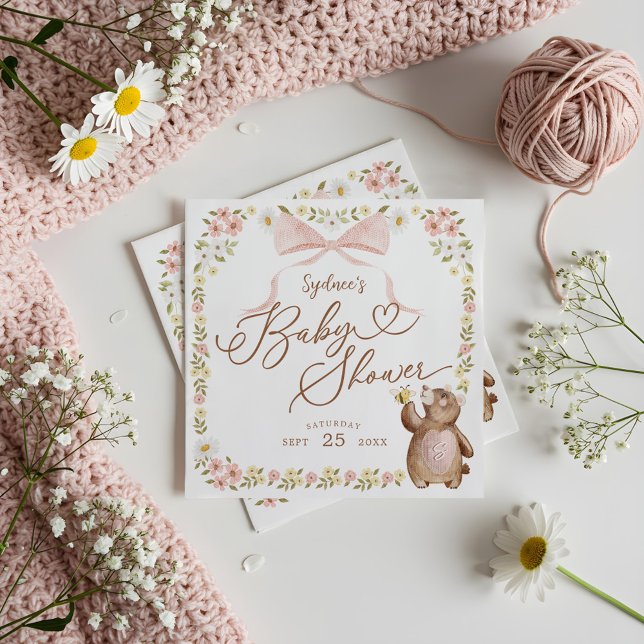 Aquarellfarbenes Blumenwald-Bärenjunge Serviette (Watercolor Floral Woodland Knitted Bear Baby Girl Napkins)