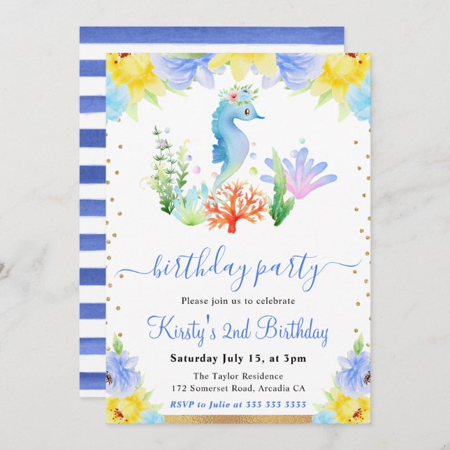 Aquarellfarbenes Blumenwasser Seepferd Geburtstag Einladung (Vorne/Hinten)