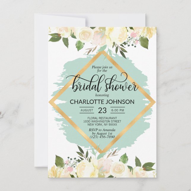 Aquarellfarbenes Elfenbein Minze Gold Brautparty Einladung (Vorderseite)