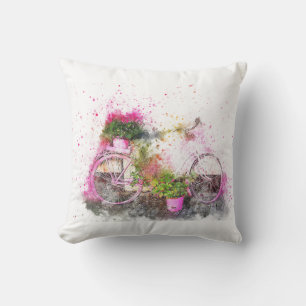 Aquarellfarbenes Fahrrad in Rosa Kissen