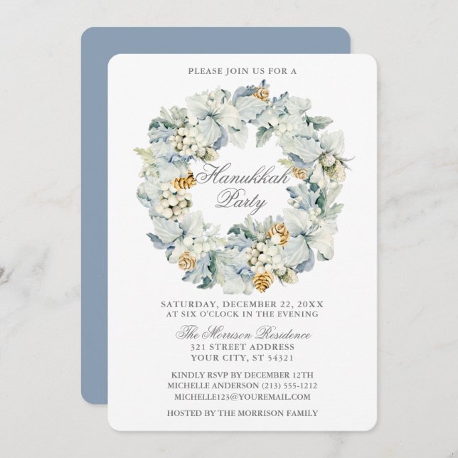 Aquarellfarbenes floral Dusty Blue Hanukkah Party Einladung (Vorne/Hinten)