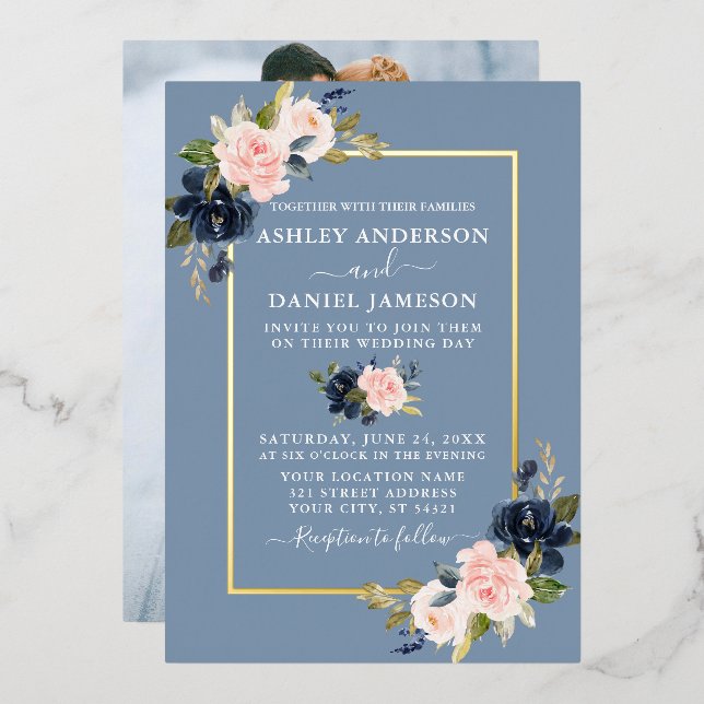 Aquarellfarbenes Foto Pink Dusty Blue Gold Folieneinladung (Vorderseite/Rückseite)