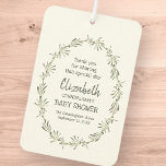 Aquarellfarbenes Green Foliage Baby Dusche Gastges Autolufterfrischer<br><div class="desc">Das Design besteht aus Serifen und spielerischer,  kursiver Schrift-Typografie auf einem weißen Hintergrund,  gefüllt mit Aquarellgrün grüne Blattblätterbotanicals. Das Design ist modern,  einfach,  lustig und Bio. Abrufbar unter: http://www.zazzle.com/store/selectpartysupplies</div>