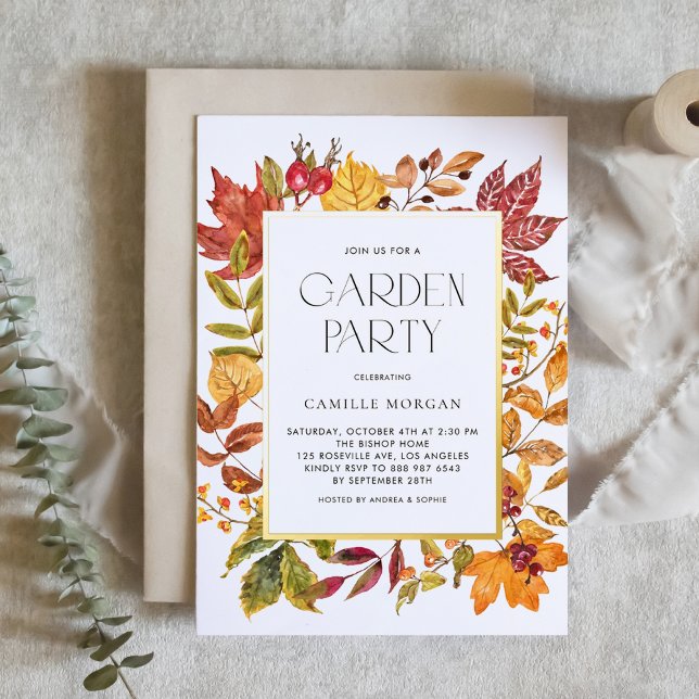 Aquarellfarbenes Herbstleaves Frame Fall Garden Pa Folieneinladung (Customizable fall garden party invitation featuring watercolor autumn foliage and gold foil frame)
