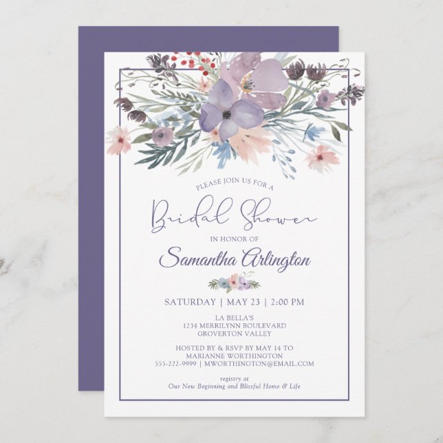 Aquarellfarbenes Lila Lilac-Brautparty Einladung (Vorne/Hinten)