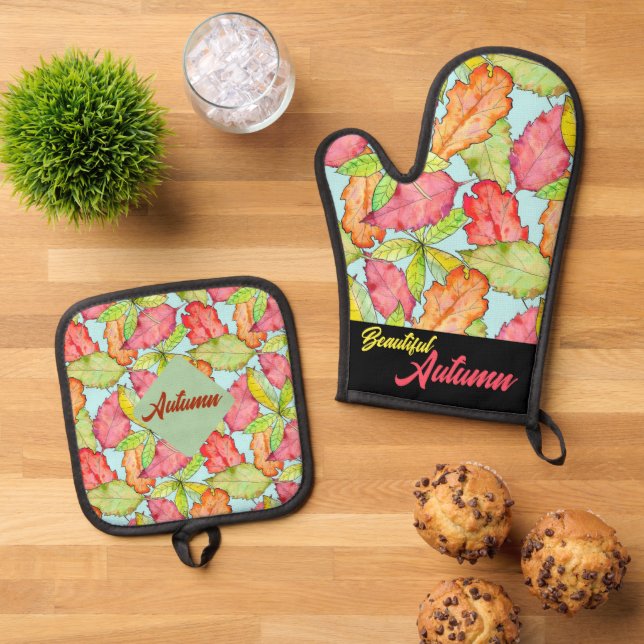 Aquarellfarbenes Muster Schöne Faii Blätter Ofenhandschuh & Topflappen-Set (Oben Unten)
