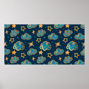 Aquarellfarbenes nahtloses Muster mit Mond, Sterne Poster