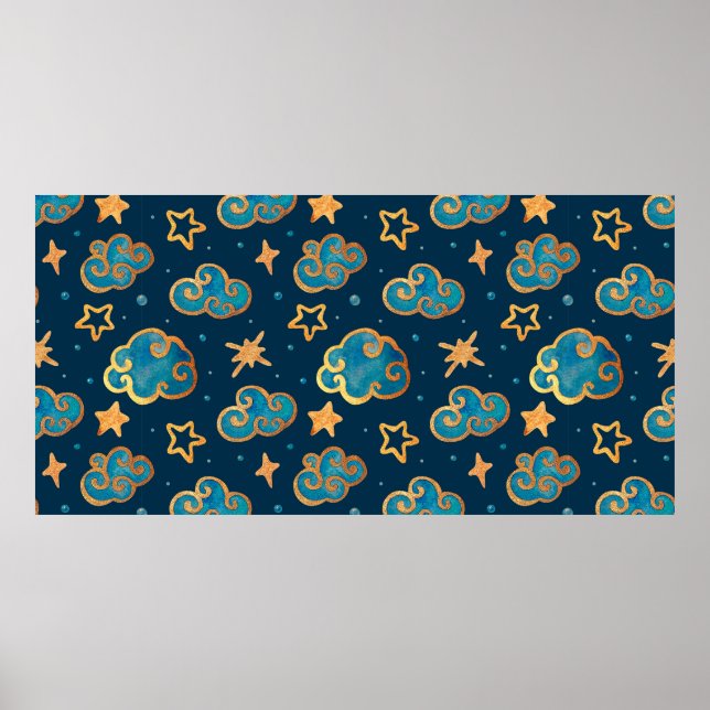 Aquarellfarbenes nahtloses Muster mit Mond, Sterne Poster (Vorne)