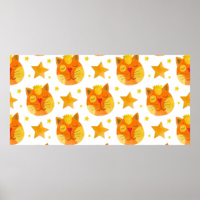 Aquarellfarbenes nahtloses Muster von Katzengesich Poster (Vorne)