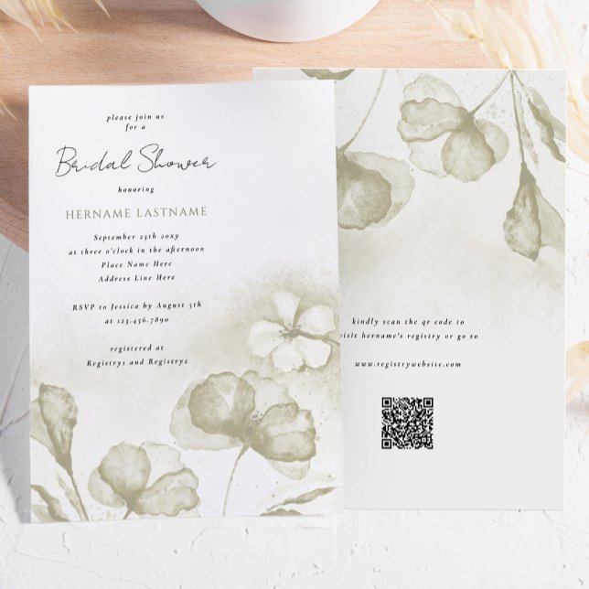 Aquarellfarbenes Olive Green Floral QR Brautparty Einladung (Von Creator hochgeladen)