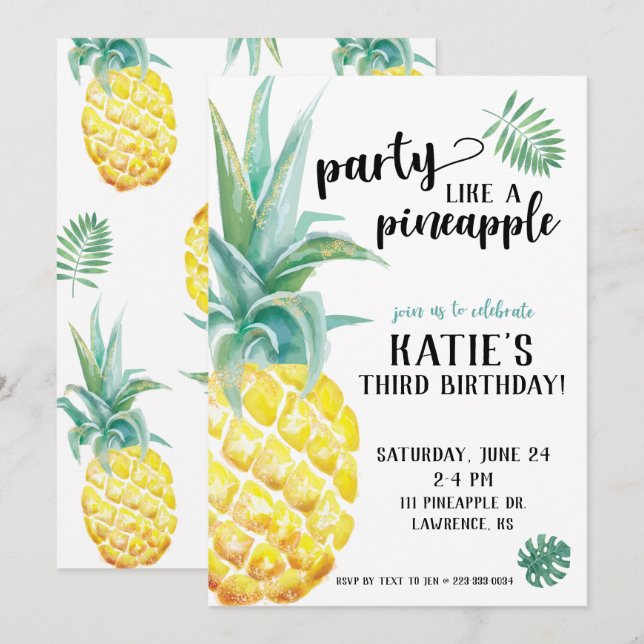 Aquarellfarbenes Party wie eine Ananas zum Geburts Einladung (Vorne/Hinten)