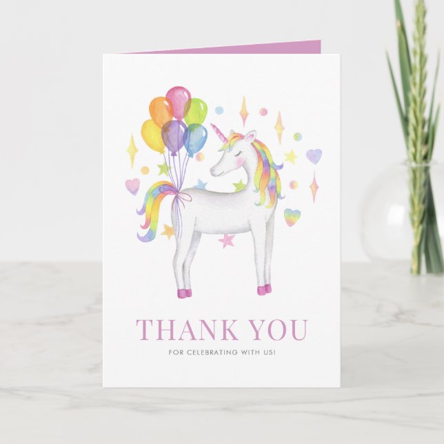 Aquarellfarbenes Regenbogenfarben Einhorn mit Ball Dankeskarte (Vorderseite)