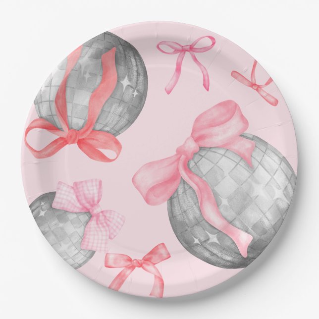 Aquarellfarbenes rosa Bow Ribbon Silver Disc Ball  Pappteller (Vorderseite)