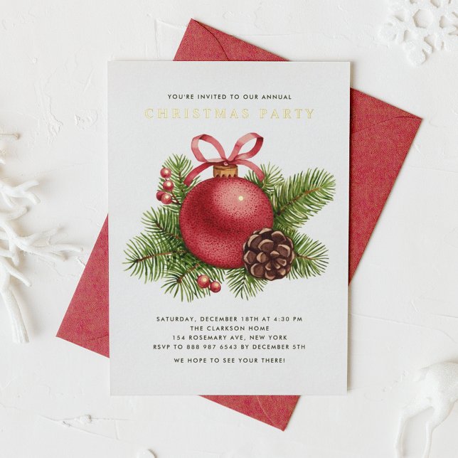 Aquarellfarbenes Rotes Ball Ornament Weihnachten P Folieneinladung (Von Creator hochgeladen)