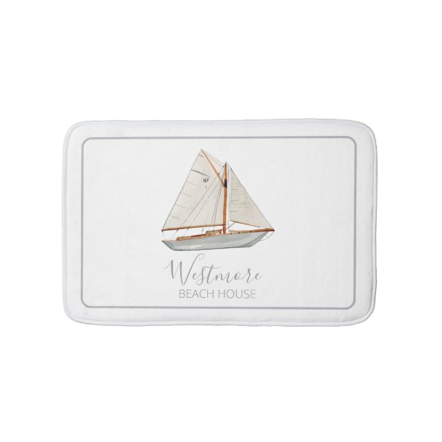Aquarellfarbenes Sailboat Beach House Badematte (Vorderseite)