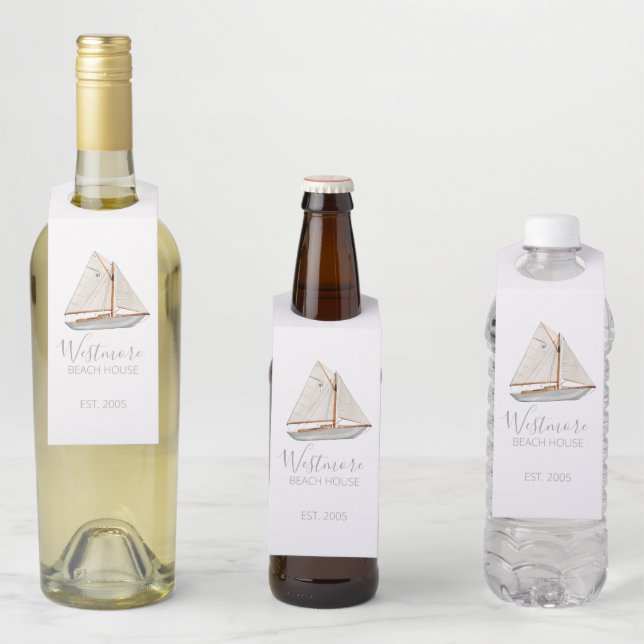 Aquarellfarbenes Sailboat Beach House Flaschenanhänger (Beispiel)