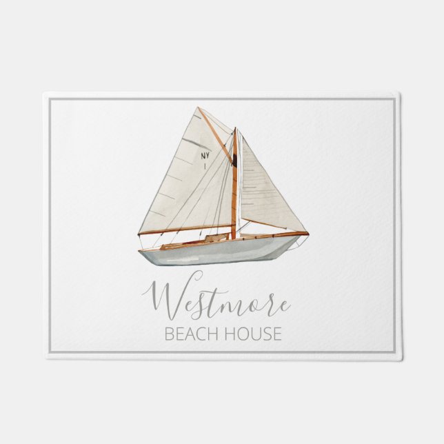 Aquarellfarbenes Sailboat Beach House Fußmatte (Vorderseite)