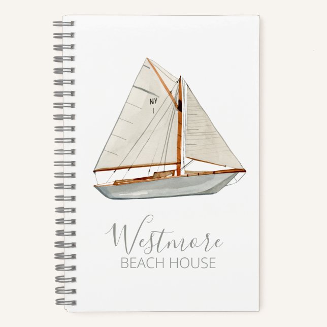 Aquarellfarbenes Sailboat Beach House Notizbuch (Vorderseite)