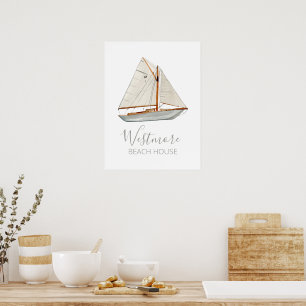 Aquarellfarbenes Sailboat Beach House Poster