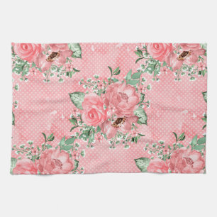 Aquarellfarbenes Shabby Chic Rosen und Polka-Punkt Geschirrtuch