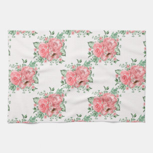 Aquarellfarbenes Shabby Chic Rosen und Polka-Punkt Geschirrtuch