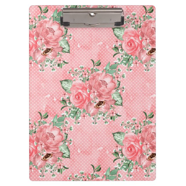 Aquarellfarbenes Shabby Chic Rosen und Polka-Punkt Klemmbrett (Vorderseite)