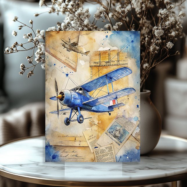 Aquarellfarbenes Sommerflugzeug mit blauen Retrofl Seidenpapier (Watercolor summer travel blue retro airplane tissue paper)