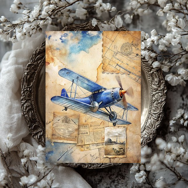 Aquarellfarbenes Sommerflugzeug mit blauen Retrofl Seidenpapier (Watercolor summer travel blue retro airplane tissue paper)