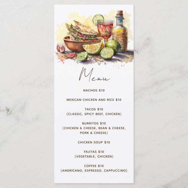 Aquarellfarbenes Tacos Fiesta Party. mexikanisches Menükarte (Vorderseite)