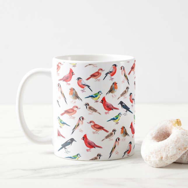 Aquarellfarbenes Vogelmuster Kaffeetasse (Mit Donut)